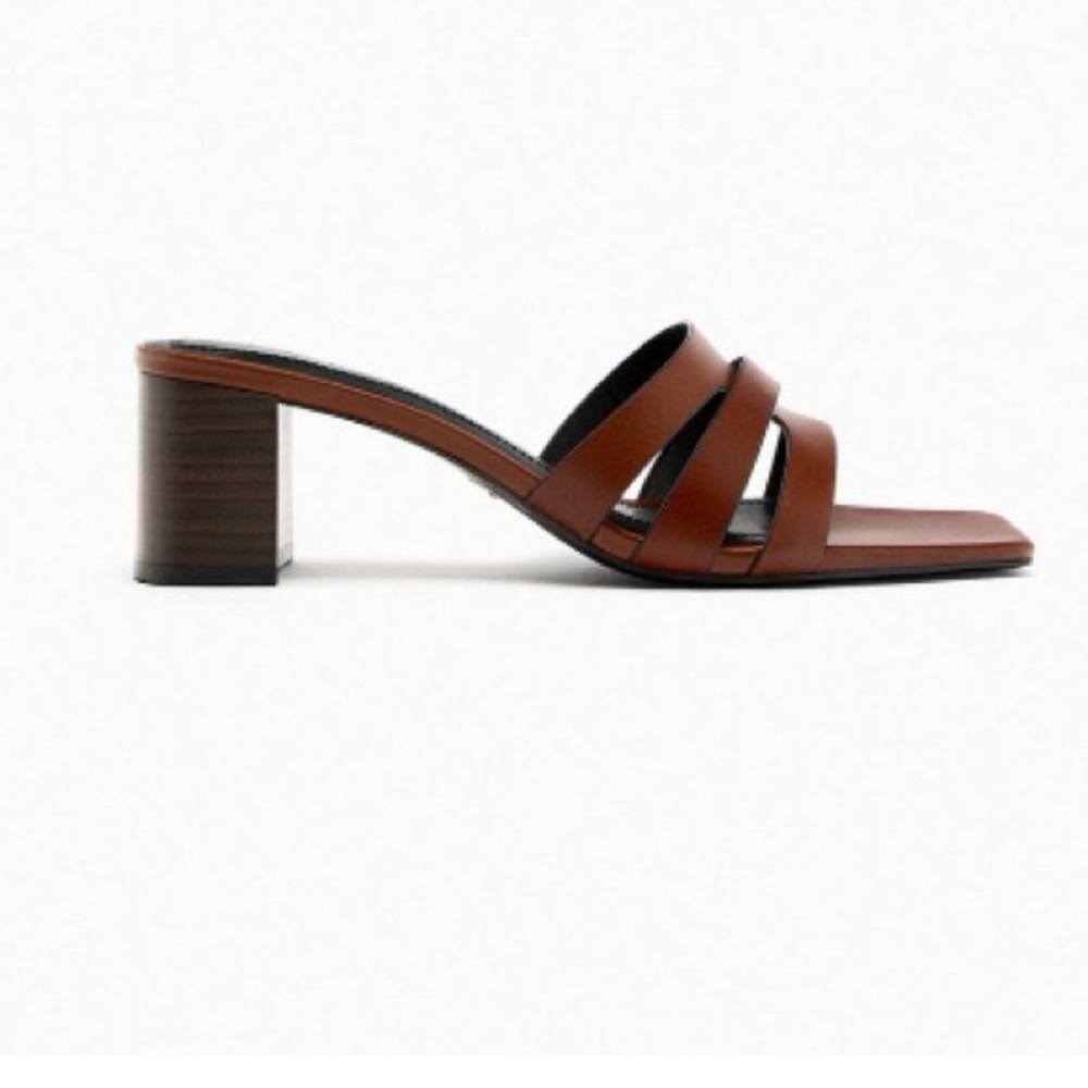 Zara Wide Heeled Leather Sandals Size 42